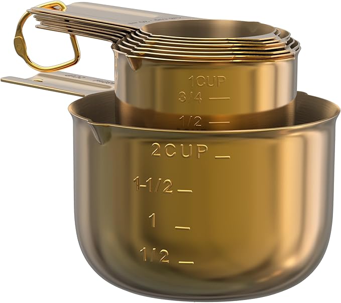 Color Up Measuring Cup Set, 8 Piece – Includes 2 Cup, Gold Finish, Stainless Steel, Accurate for Wet & Dry Ingredients, Embossed Markings, Easy-Pour Spouts, Dishwasher-Safe, Kitchen Essential