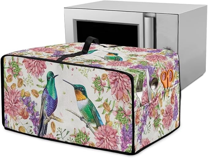Watercolor Flower Hummingbird Print Microwave Oven Cover Dust-Proof Microwave Toaster Oven Cover Waterproof Foldable Kitchen Appliance Protector Suitable for Most Microwave Ovens, S