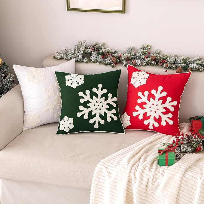 MIULEE Pack of 2 Christmas Decorative Snowflake Throw Pillow Covers Canvas Embroidery Winter Cushion Cases Holiday Decor Soft Pillowcases for Winter Couch Sofa Bedroom Car（Dark Green, 20x20in）
