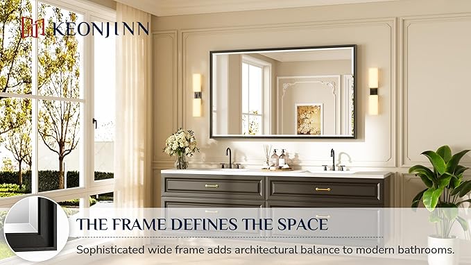 Keonjinn 60" x 36" Oversize Black Bathroom Vanity Mirror, Safe Beveled Tempered Glass, Decorative Aluminum Alloy Frame, Rustproof, Black Bathroom Mirrors for Over Sink, Modern Rectangle Wall Mirror