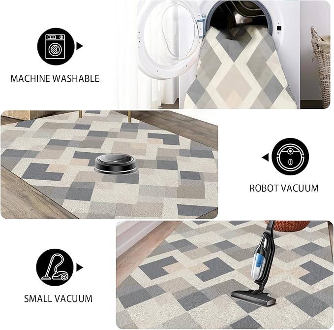 Modern Area Rug Living Room Rugs 4x6, Minimalist Soft Boho Geometric Rug, Non-Slip Washable Low Pile Non Shedding Carpet for Bedroom Office Dining Room Kitchen Nursery, Gray Beige White