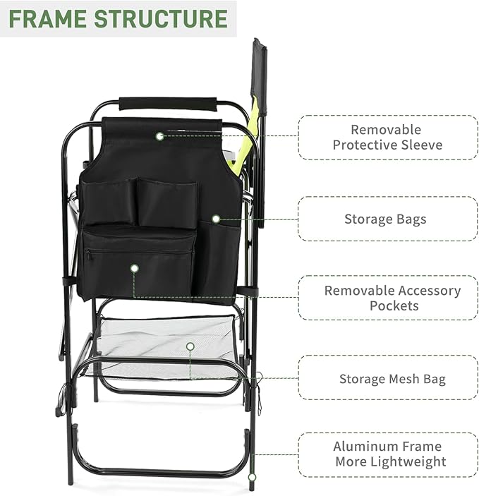 Outvita 2 Piece 31" Tall Directors Chair Height Seat Folding with Side Table Storage Bag, Support for 300Lbs Portable Makeup Artist Chair with Bar Height(Green/Black)