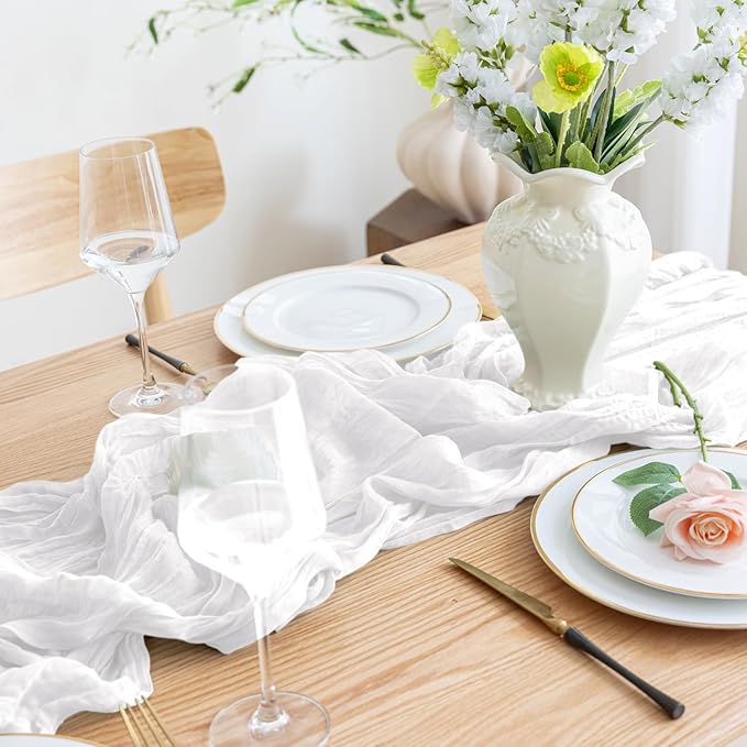 Asee'm Cheesecloth Table Runner Valentine's Day120 Inches Long Ivory Boho Gauze Cheese Cloth Runner 10FT Rustic Sheer Spring Table Runners for Easter Wedding Party Baby Shower Decoration
