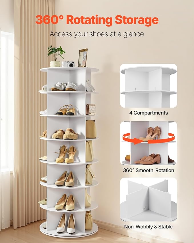 VEVOR 7 Tiers Rotating Shoe Rack Tower, 360° Spinning Shoe Rack, Revolving Storage Round Carousel Display, Freestanding Lazy Susan Organizer Display for Bedroom, Living Room, Entryway, Closet, White