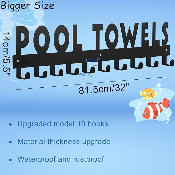 Pool Towel Rack Large Size 10 Hooks for Bathroom Wall Mount Towel Hooks Towel Holder Carbon Steel Hanger Organizer Indoor Outdoor for Robe, Towel, Coat, Swimsuit, Umbrella, Bag, Keys(Black