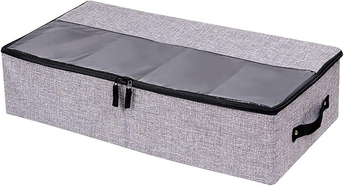 AARAINBOW Foldable Under Bed Clothes Organizer with Lid, Underbed Storage Container with Adjustable Dividers, Clear Window, Gray