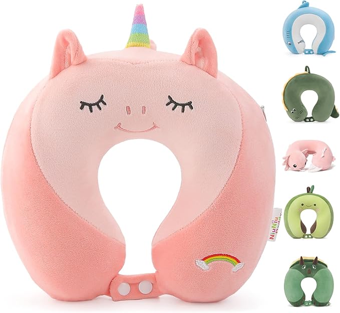 Niuniu Daddy Unicorn Kids Travel Pillows for 3-8 Y/O, Travel Essentials for Road Trip Long Flight, Soft Memory Foam Neck Pillows for Airplane, Car Seat, Traveling, Sleeping for Boys Girls Toddler