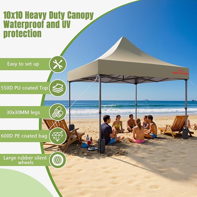 10x10 Heavy Duty Pop Up Canopy with 4 Sidewalls, 550D Commercial Easy Up Canopy Tent, Waterproof Outdoor Party Event Tent with Roller Bag, Khaki
