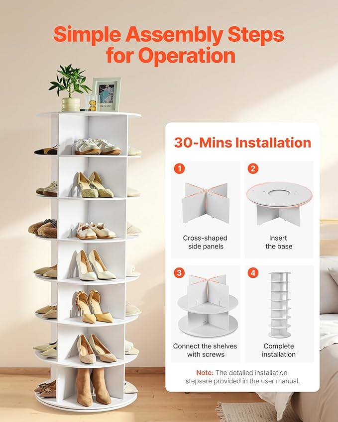 VEVOR 7 Tiers Rotating Shoe Rack Tower, 360° Spinning Shoe Rack, Revolving Storage Round Carousel Display, Freestanding Lazy Susan Organizer Display for Bedroom, Living Room, Entryway, Closet, White