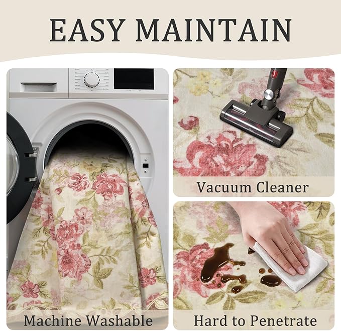 4x6 Machine Washable Area Rug for Living Room, Pink Vintage Boho Floral Rug Large Non-Slip Low Pile Soft Faux Wool Carpet, Kids and Pets Friendly for Bedroom Dining Room Farmhouse Home Decor Rug