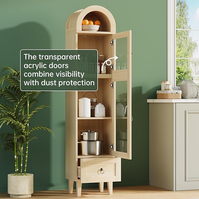 71" Tall Arched Cabinet with Acrylic Door, Modern Curio Arched Bookcase W/Drawer