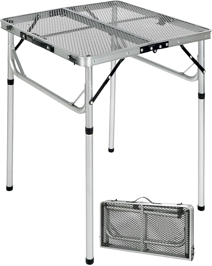 REDCAMP 24" Square Folding Grill Table for Outside, Lightweight Portable Metal Aluminum Outdoor Grill Table with Adjustable Height Legs, Great for Camping Picnic Cooking BBQ, Silver 2ft