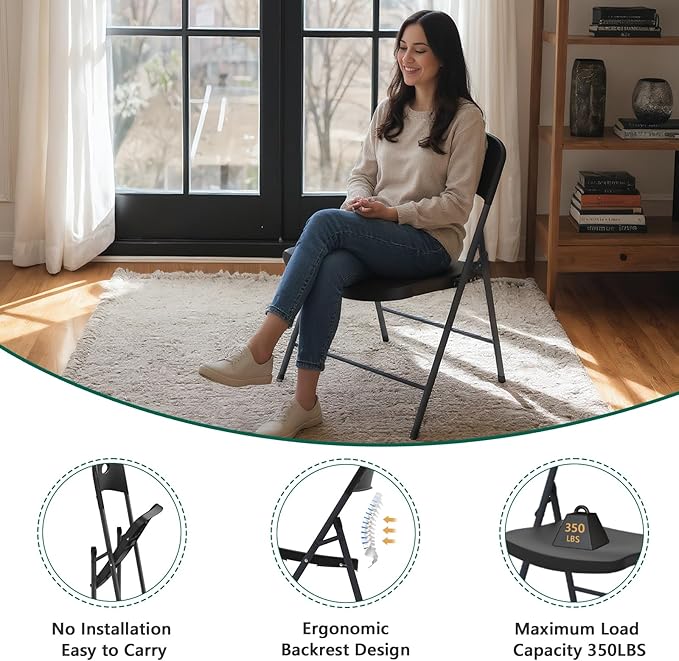 6 Pack Black Folding Chair, Plastic Portable Stackable Commercial Seats with Steel Frame 350lb, Heavy Duty Foldable Chair for Indoor and Outdoor, Patio, Office, Picnic, Kitchen, Events