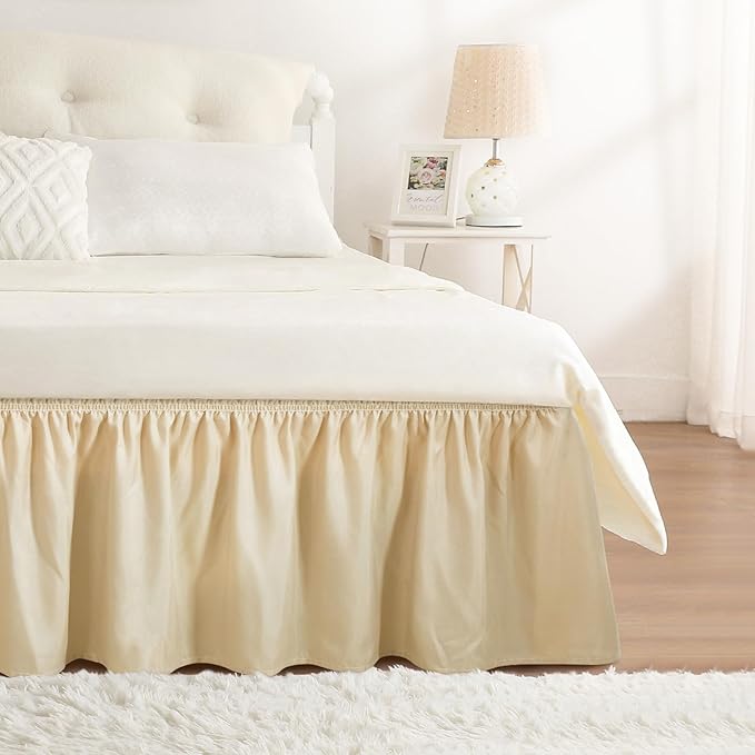 RIMELA Oatmeal Bed Skirting Queen Size Bed Skirt 15 Inch Drop, Wrap Around Elastic Adjustable Bedskirt, Dust Ruffle for Bed Frame & Box Spring Soft Durable Fabric Machine Washable Easy to Install