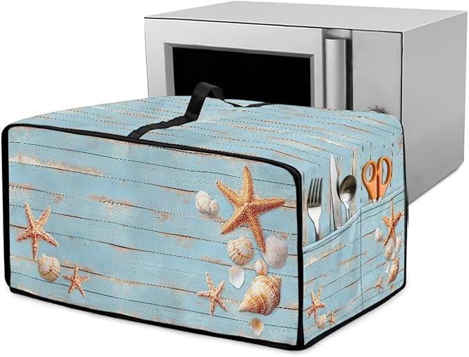 Dustproof Microwave Oven Cover Polyester-Linen Fabric Dust Cover for Microwave Oven Foldable Kitchen Machine Covers with Storage Pockets, Starfish Seashell Wood Grain Print, L