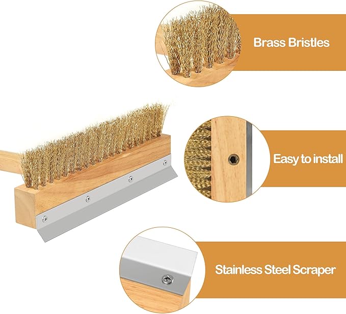 LRUI Pizza Oven Brush with Scraper,41-Inch Long Wood Handle Brass Bristles,Outdoor Pizza Oven Brush.