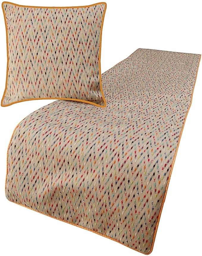 The HomeCentric King Queen Twin Beige & Multicolor Luxury Twin 53"x18" Bed Runner with Pillow Cover, Chevron Embroidery Bed Scarf on Jacquard Embroidered Fabric - Happy Chevy