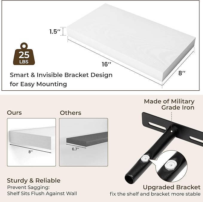 RICHFOCUS 16Inch Floating Shelves for Wall 2 Pack Shelves for Bedroom|Kitchen|Bathroom Wall Mounted Rustic Wood Floating Shelf with Invisible Brackets for Books|Storage|Decor, White