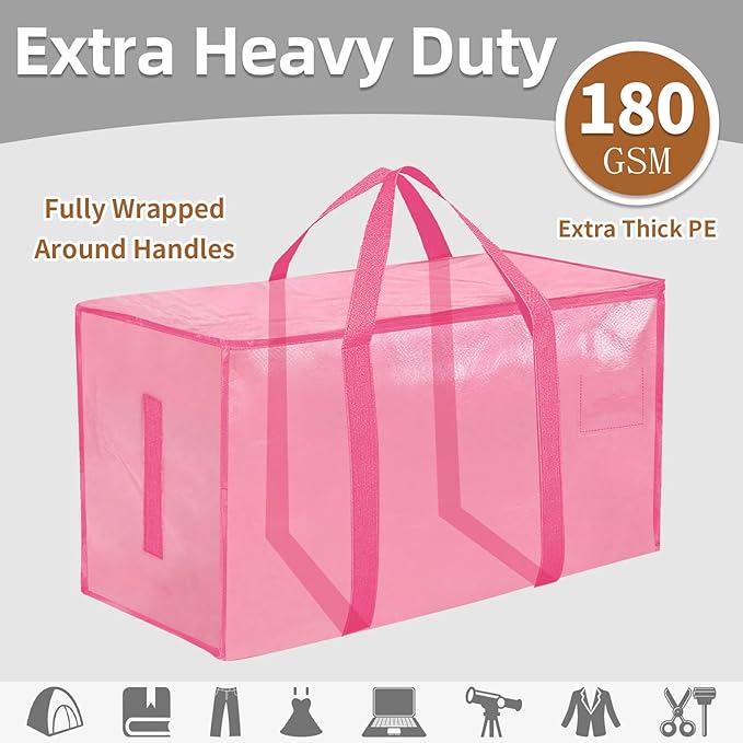 6 Pack-Extra Large Heavy Duty Moving Bags - Waterproof Storage Totes with Handles & Zippers, Foldable for College Dorm, Storage (Pink)