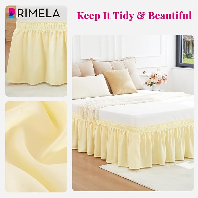 RIMELA Full Bed Skirt 15 Inch Drop, Wrap Around Elastic Bedskirt Solid Microfiber Luxury Hotel Quality Fabric, Easy to Install Machine Washable Wrinkle & Fade Resistant, Light Yellow