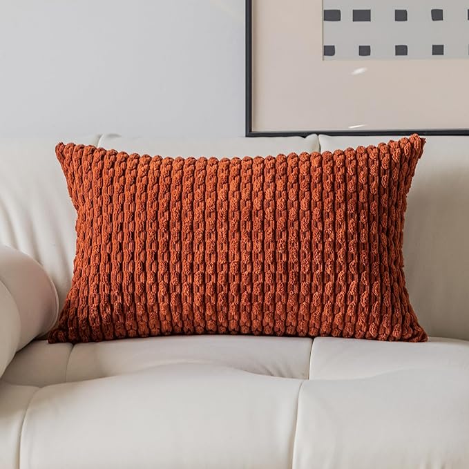 Kevin Textile Fall 14x24 Inch Pillow Cover 1 Pack Boho Decorative Soft Striped Corduroy Lumbar Farmhouse Solid Color Accent Rectangle Cushion Case for Living Room Couch Sofa Bed, Burnt Brick