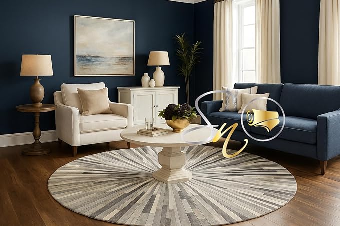 Faux Cowhide Round Area Rug | Non-Slip Leather Floor Carpet for Living Room, Bedroom, and Home Décor | Modern Stylish Accent Rug(Grey_6x6)