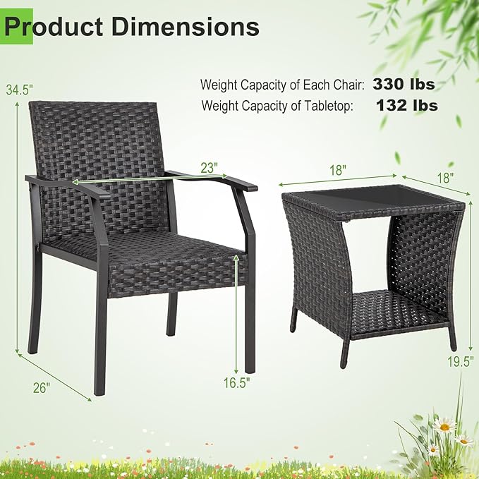 Tangkula 3 Pieces Patio Wicker Chair Set, Waterproof All Weather Resistant