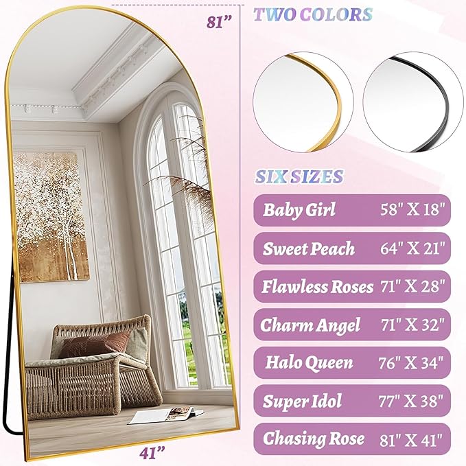 Full Length Mirror, 41"x81" Arched Floor Mirror Freestanding, Floor Standing Full Body Mirror with Stand for Bedroom, Hanging Mounted for Living Room Cloakroom, Gold