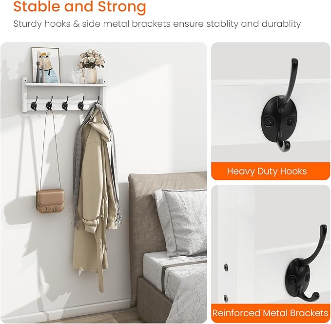 Homode Wall Shelf with Hooks, Coat Rack Wall Mount with Pegs, Hanging Entryway Coat Hanger, Wood and Iron Shelf for Bathroom, Hallway, Bedroom, White