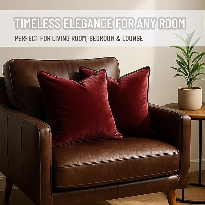 2 Pack Velvet Decorative Throw Pillow Covers, 12"x20", Burgundy, Solid, Modern, Contrast Piping, Indoor Use, Bedroom & Living Room