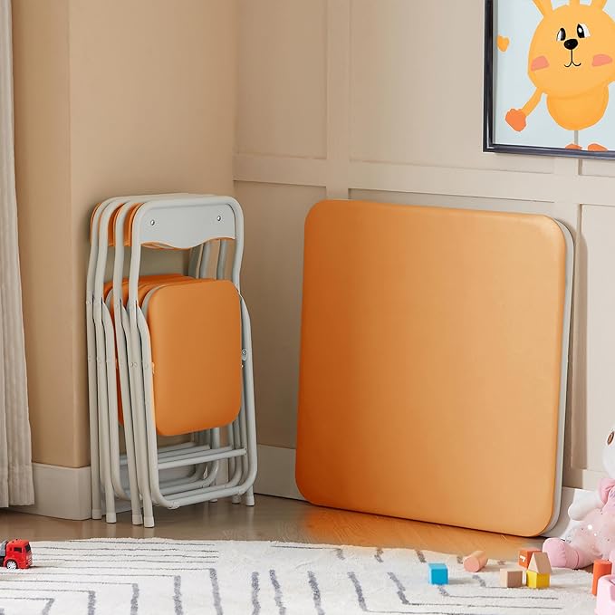 VECELO Kids Folding Activity Table and Chairs 5 Pcs Set, Portable, with Ultra Soft Padded Cushion, Orange