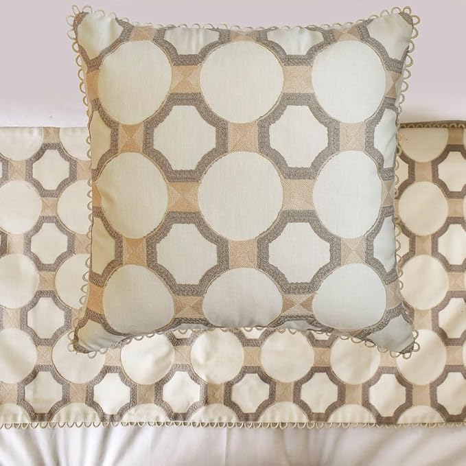 The HomeCentric King/Queen/Twin White, Beige & Grey Decorative CA King 86"x18" Bed Runner Without Pillow Cover, Embroidered, Bouclet & Lace Bed Scarf on Cotton Fabric - Threaded Geometry