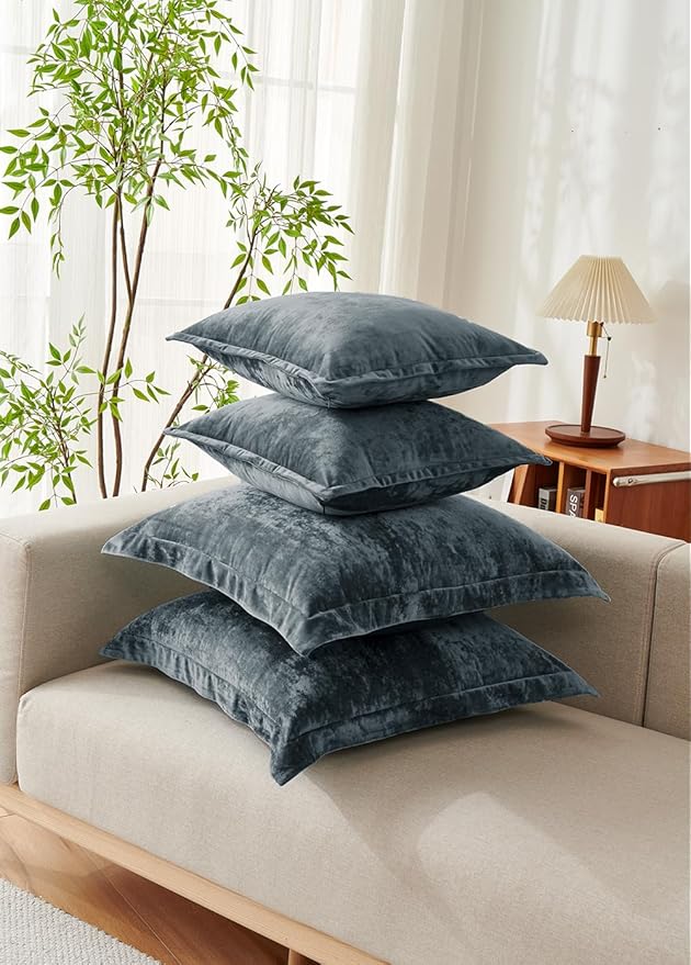 Luxurious Velvet Throw Pillow Covers 20x20 Set of 2 Decorative Pillow Covers Solid Square Cushion Case for Sofa Couch Bedroom Farmhouse, Blue Gray