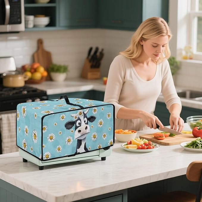 Air Fryer Toaster Oven Dust Cover with Side Pockets, Protective Smart Oven Cover for Kitchen Countertop Decorations, M, 16.5 x 20.5 x 10 Inches, Cow Daisy Light Blue