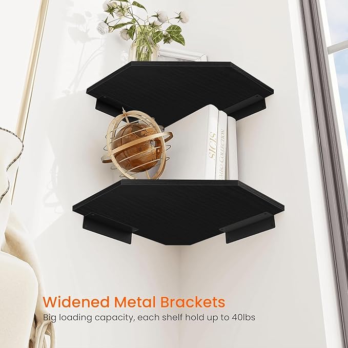 Homode Corner Shelf Wall Mount, Set of 2 Corner Floating Shelves with Wire Hole for TV, Cable Box, Wood Hanging Storage Shelf Organizer for Bathroom Kitchen Living Room Bedroom, Black