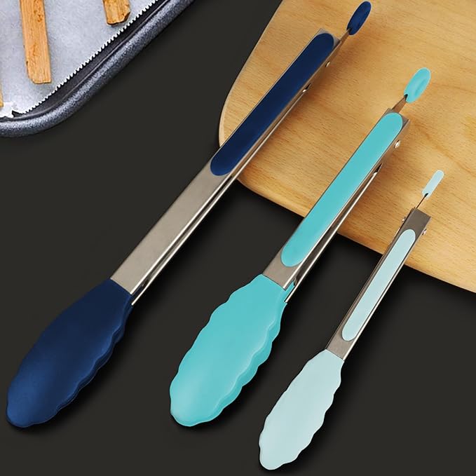 HOTEC Premium Stainless Steel Locking Kitchen Tongs with Silicon Tips, Set of 3-7", 9" and 12" (Gradient Blue)