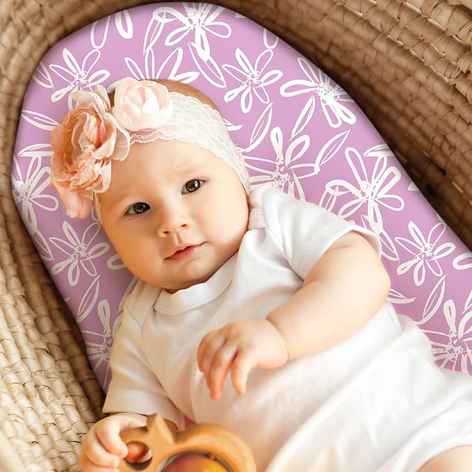 Baby Bassinet Sheets Girl Boy, Fitted Bassinet Sheet Set 3 Pack Bassinet Mattress Sheets Universal Fit for Rectangle, Round, Oval, Hourglass Mattress, Soft Breathable Purple Leaf