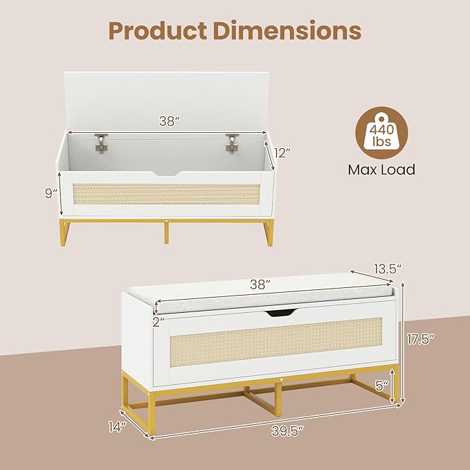 Giantex Rattan Shoe Bench, Flip-Top Entryway Bench with Removable Padded Seat & Hidden Storage, Wooden Shoe Storage Chest with Metal Legs for Bedroom, Hallway, 440 lbs Max Load (White & Gold)