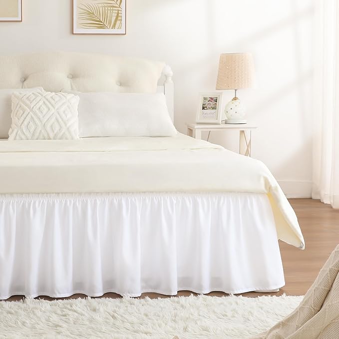 RIMELA White Bed Skirt Full Size 12 Inch Drop, Elastic Bed Skirting for Bed Base and Frame, Bedding Dust Ruffle Easy to Install, Lightweight Wrap Around Adjustable Bedskirt
