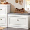Haotian Shoe Storage Bench with Cushion, White Narrow Shoe Rack for Entryway, Small Shoe Cabinet with Flip-Drawer, Closet Hallway Mudroom FSR82-L-W