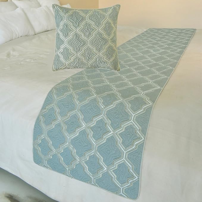 The HomeCentric King/Queen/Twin Light Blue Decorative Bed Runner Full 68"x18" Bed Runner Without Pillow Cover, Quiled, Embroidery Bed Scarf on Jacquard Fabric - Estelle