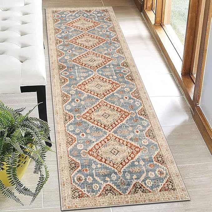 Moroccan Trellis Hallway Runner Rug Non-Slip Washable Geometric Standing Mats Anti-Fatigue Long Farmhouse Kitchen Mat Soft Low-Pile Distressed Area Rugs for Bathroom,Bedroom,Laundry 2' X 3'