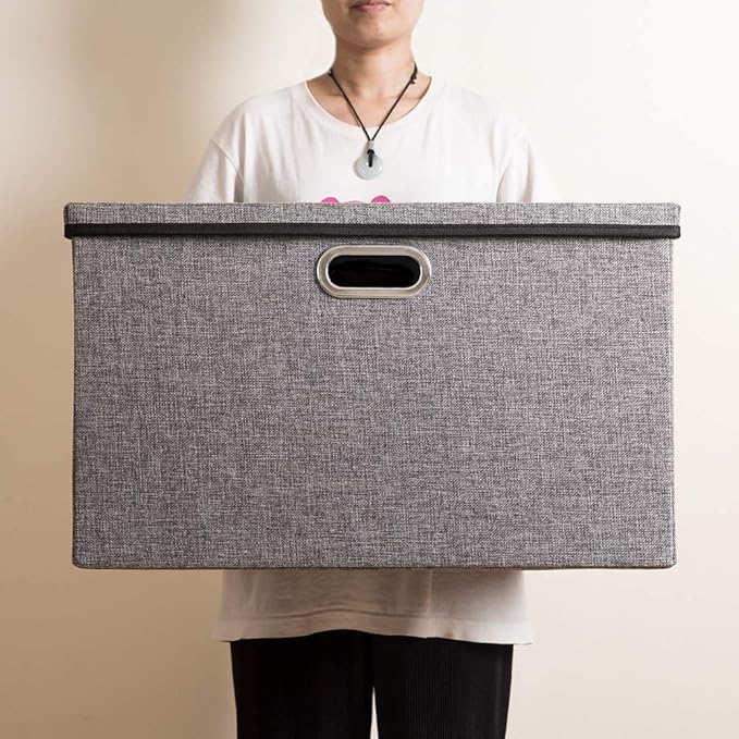 PRANDOM Extra Large Collapsible Storage Bins with Lids [3-Pack] Linen Fabric Foldable Storage Baskets Boxes Organizer Containers Cube with Cover for Bedroom Closet Office Nursery (22.8x15.75x13.8)