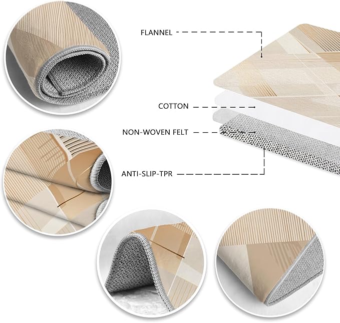 Minimalist Abstract Area Rug 3x5 Brown Boho, Modern Washable Stripe Art Rugs, Soft Non-Slip Low-Pile Carpet for Living Room, Bedroom, Kitchen, Dining Room, Pet Friendly, Non-Shedding, Beige