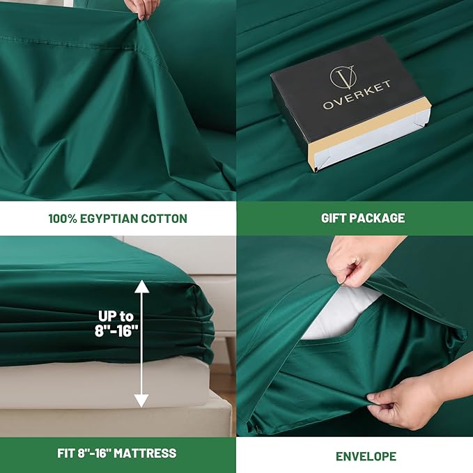 100% Egyptian Cotton Sheets King Size 4PCS 1000 Thread Count Sateen Weave Soft Breathable 16-Inch Deep Pocket （King,Dark Green）