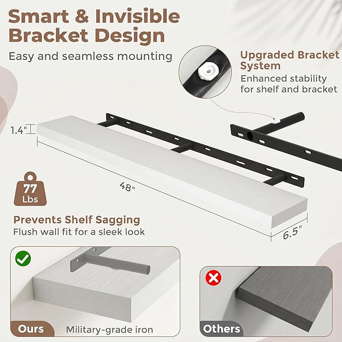 Venusmiles Floating Shelves for Wall, 48 Inch Floating Shelves Set of 1, 6.5" D Wooden Wall Mounted Display Shelves with Invisible Brackets for Living Room, Bedroom, Bathroom, Kitchen Decor, White