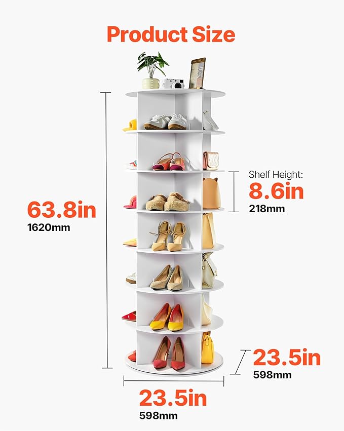 VEVOR 7 Tiers Rotating Shoe Rack Tower, 360° Spinning Shoe Rack, Revolving Storage Round Carousel Display, Freestanding Lazy Susan Organizer Display for Bedroom, Living Room, Entryway, Closet, White