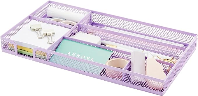 Annova Desk Drawer Organizer/Storage Tray - Metal Mesh with Dividers for Pens, Desktop Accessories, Bathroom, Kitchen, Makeup and Office Supplies (Small, Light Purple)