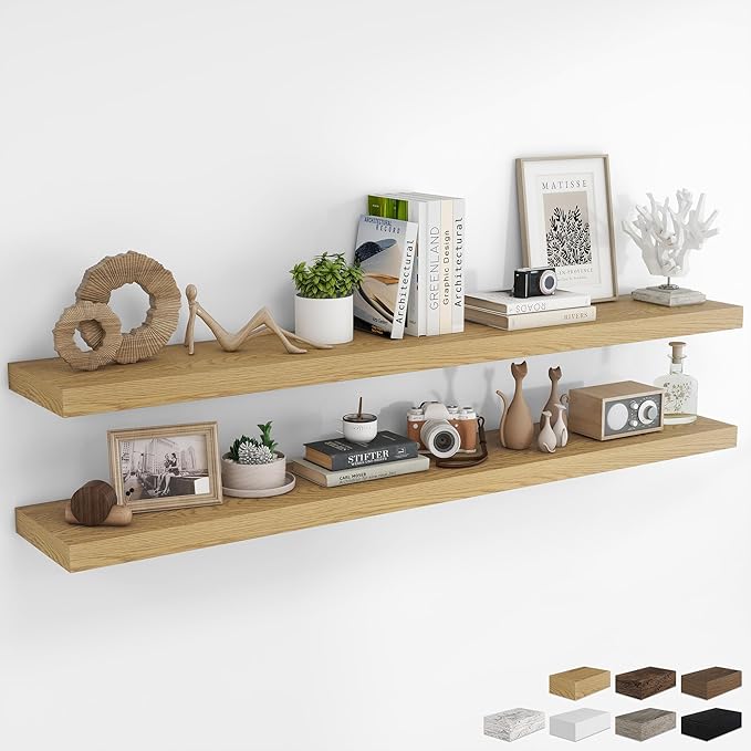 RICHFOCUS 72Inch Floating Shelves for Wall 2 Pack Shelves for Bedroom|Kitchen|Bathroom Wall Mounted Rustic Wood Floating Shelf with Invisible Brackets for Books|Storage|Decor, Oak