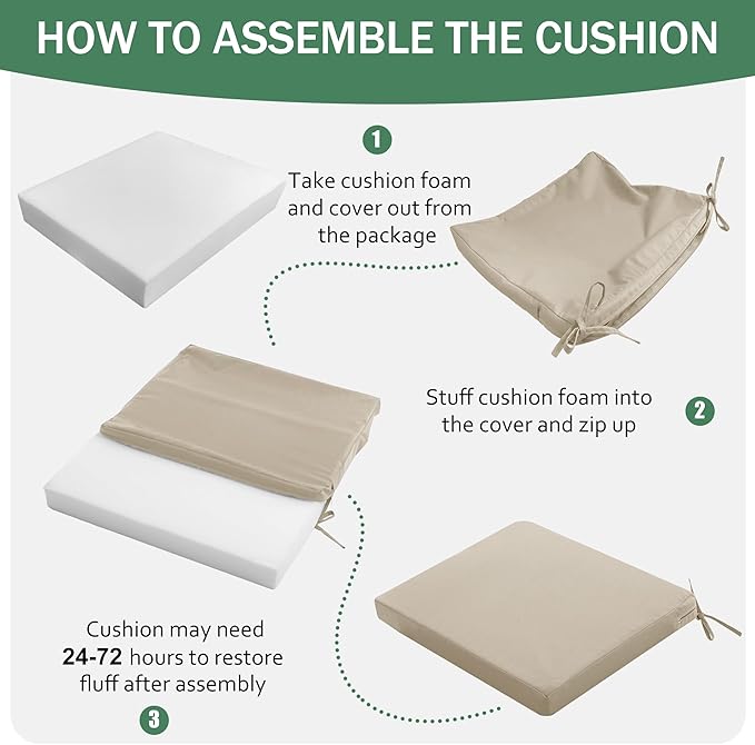 Outdoor Chair Cushions Set of 4: Waterproof & Fade Resistant Seat Cushion for Patio Furniture - 18.5 L x 16 W x 2 H Inch Chair Pads with Ties and Hidden Zipper - Patio Chair Cushion Replacement, Beige